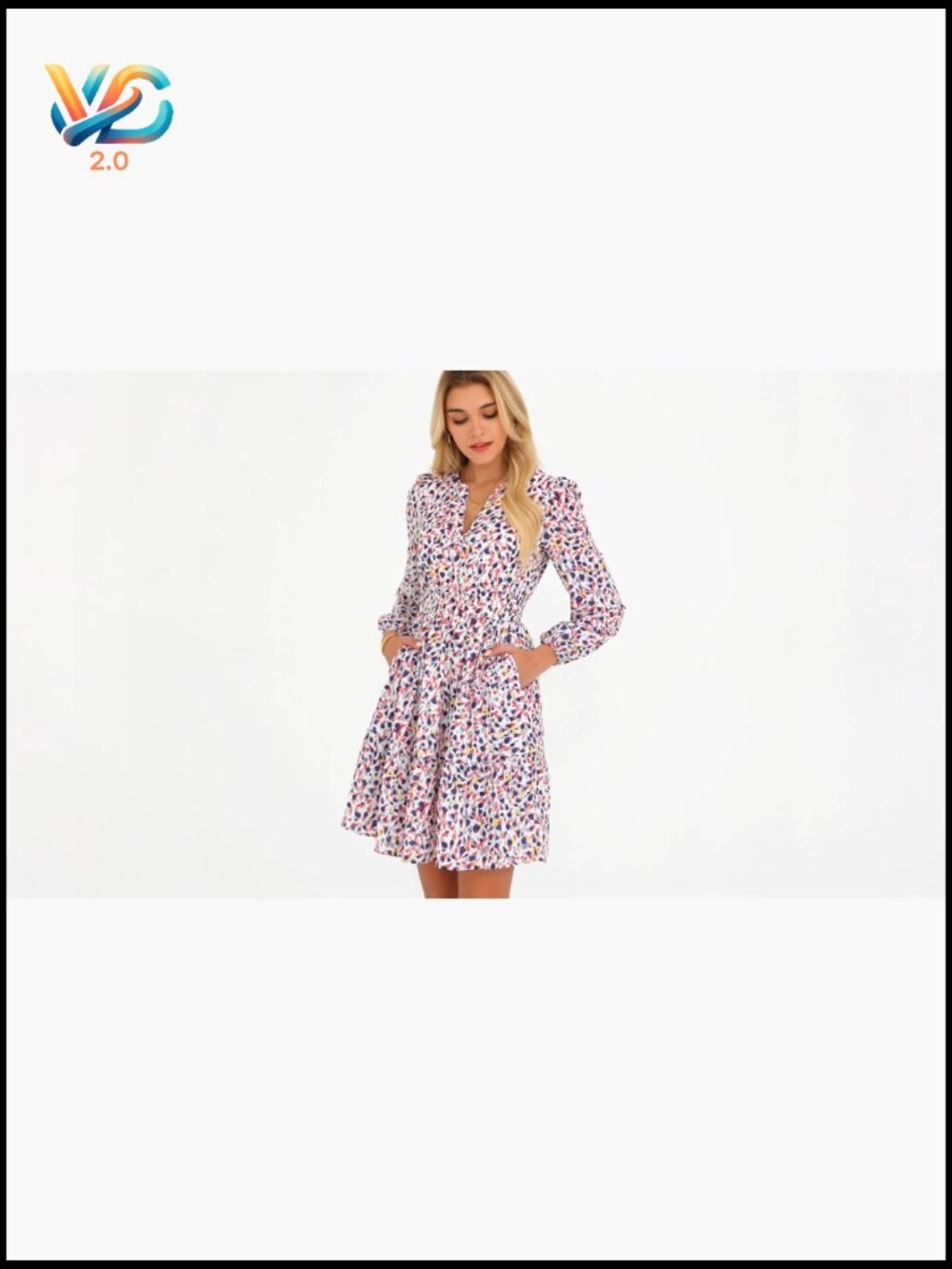 Mini Long Sleeve A-Line Dress with Pockets V-Neck - Picture 7 of 7